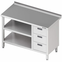 Stół przyścienny z blokiem trzech szuflad (P),i 2-ma półkami 1300x700x850 mm