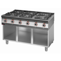 Trzon gastronomiczny gazowy 6 palnikowy 2x4,5kW + 2x7,5kW + 2x9,0 kW na podstawie szafkowej otwartej