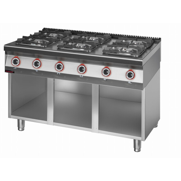 Trzon gastronomiczny gazowy 6 palnikowy 2x4,5kW + 2x7,5kW + 2x9,0 kW na podstawie szafkowej otwartej